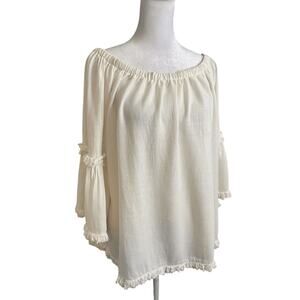 Pink Lilly Ivory Off-the-shoulder Fringe Bell Sleeve Ladies Linen Top Sz S Boho